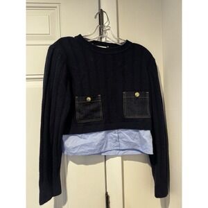 Sandro Women's Cropped Wool cashmere Sweater Navy Layered Size 1 Preppy